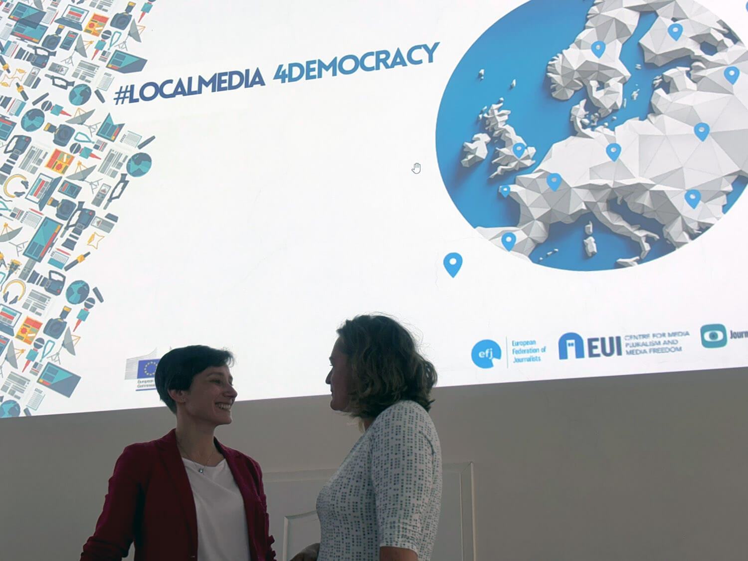 Iryna Vlidanava and Clare Cook at the European Federation of Journalists (EFJ)-organised Local Journalism Festival at Masaryk University in Brno, Czech Republic.